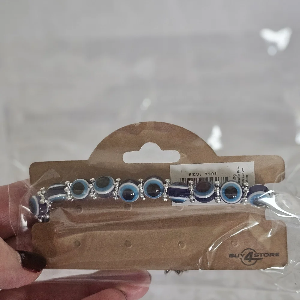 Blue Evil Eye And Hamsa Hand Bracelet with Silver Accents- New In Package - Picture 4 of 6